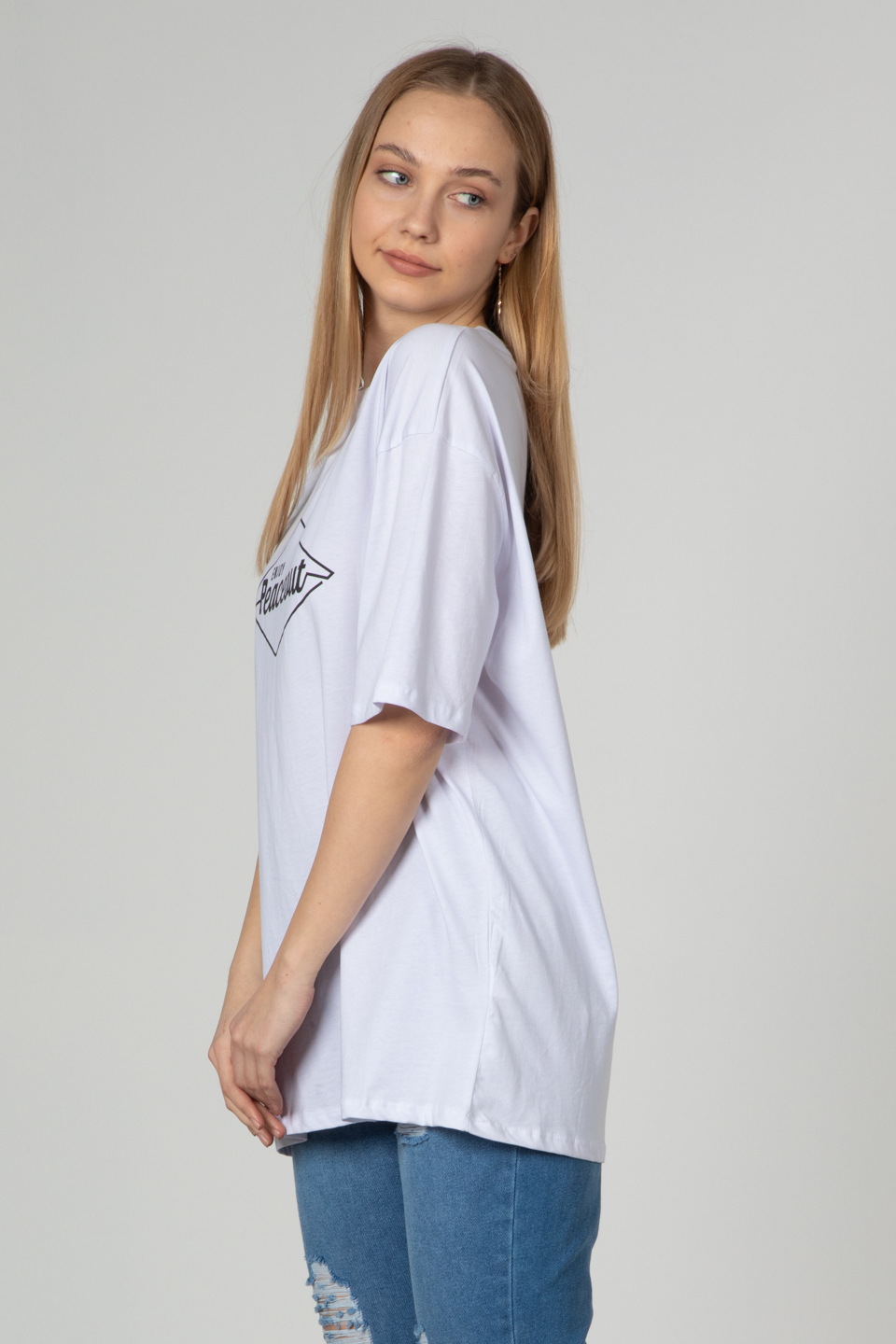 Yazı baskılı t-shirt-2493 Beyaz