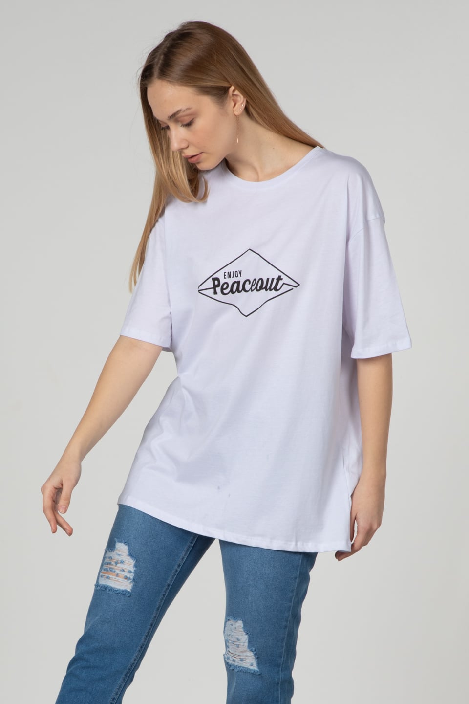Yazı baskılı t-shirt-2493 Beyaz
