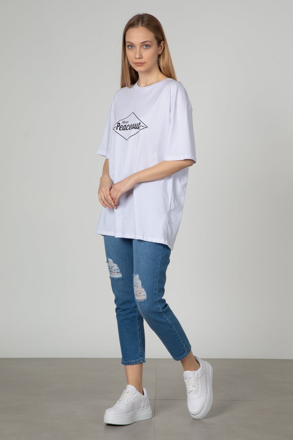 Yazı baskılı t-shirt-2493 Beyaz
