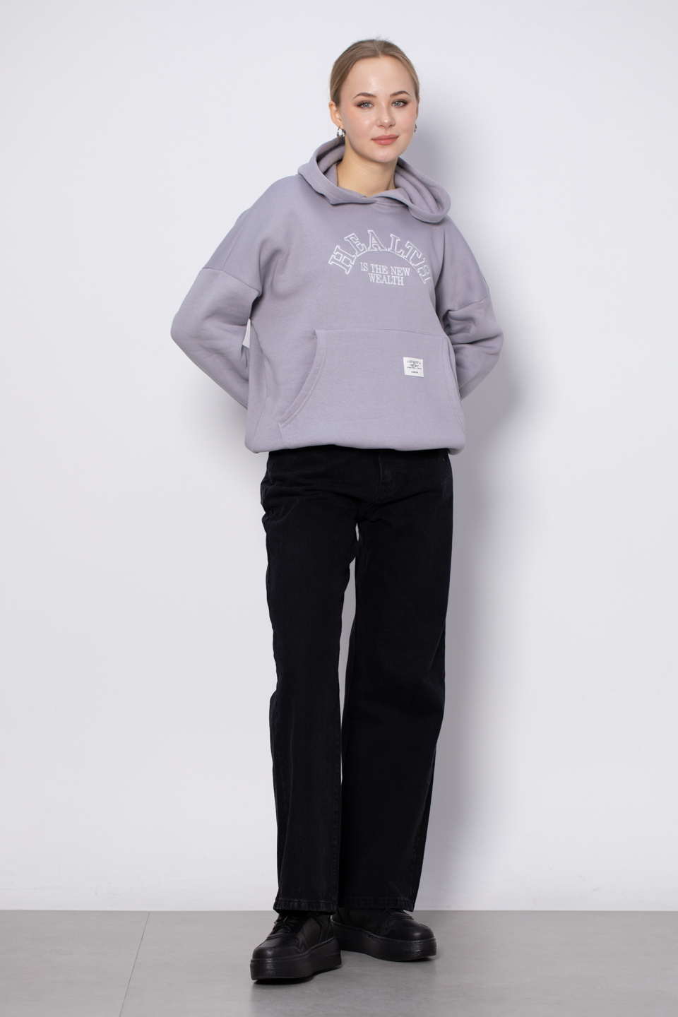 Yazı detaylı kapüşonlu sweatshirt-DVN0457 Boyalı Gri