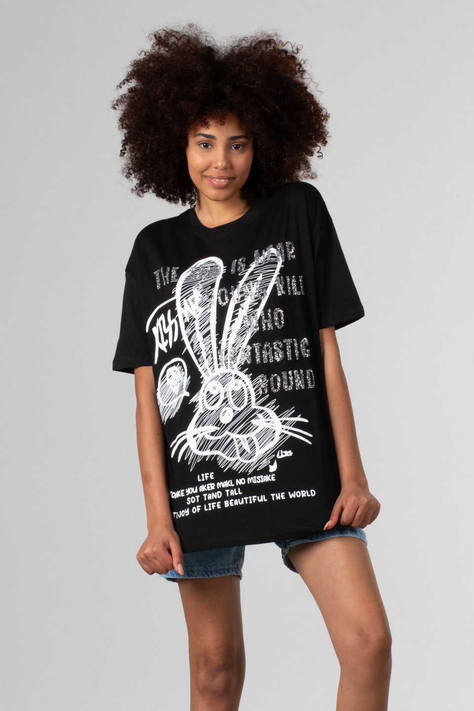 Yazılı tavşan baskılı t-shirt-DVN0348 Siyah