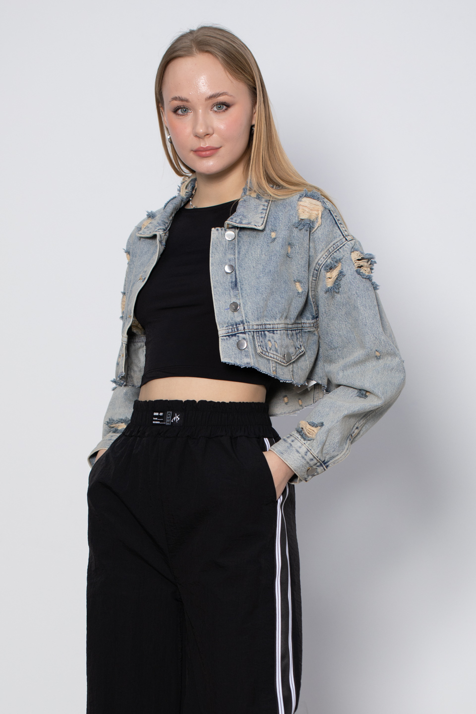 Yırtıklı Crop Ceket - Buz Mavisi