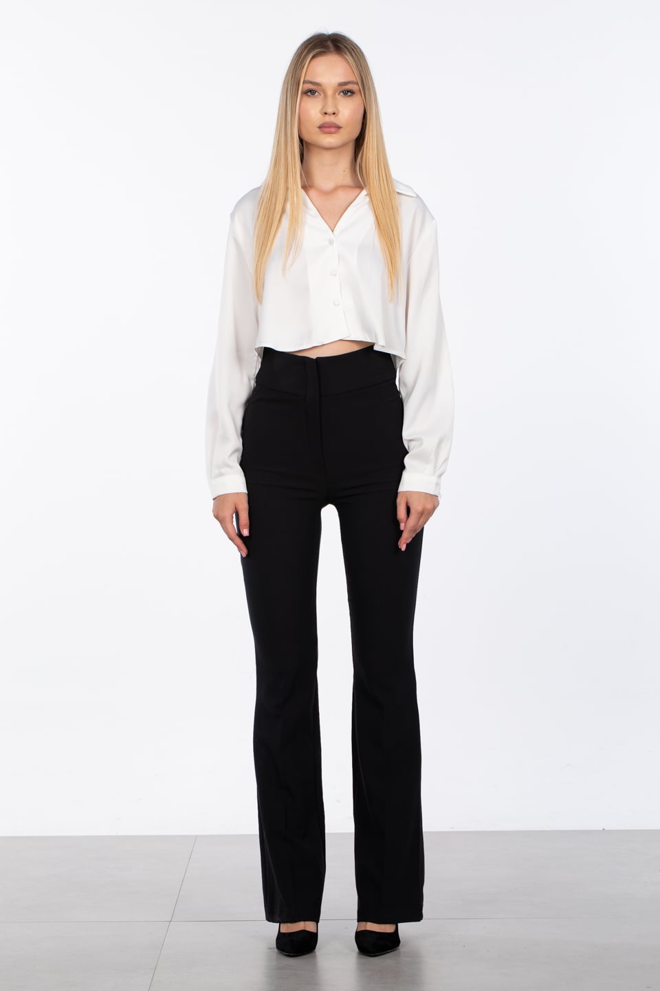 Yüksek bel ispanyol paça pantolon-3539 Siyah