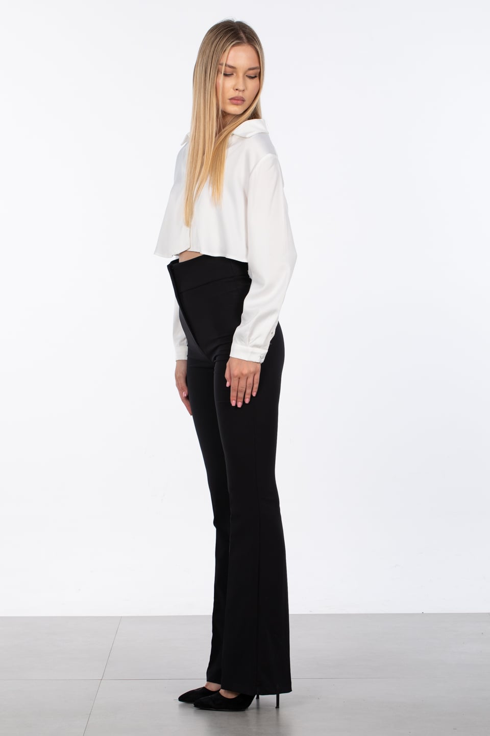 Yüksek bel ispanyol paça pantolon-3539 Siyah