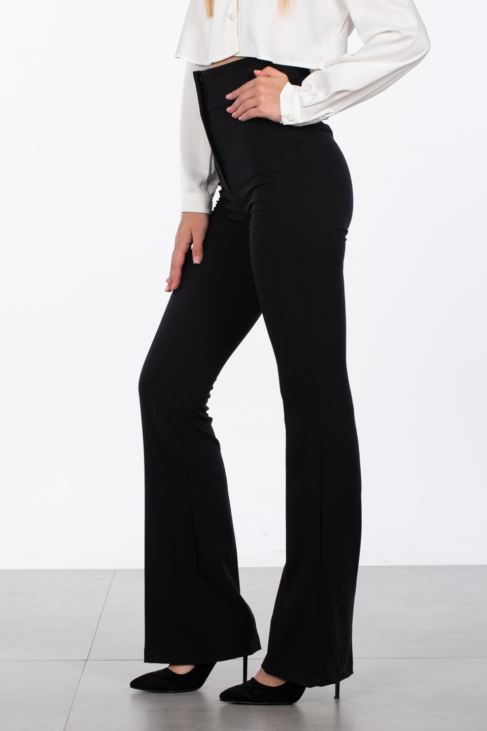 Yüksek bel ispanyol paça pantolon-3539 Siyah