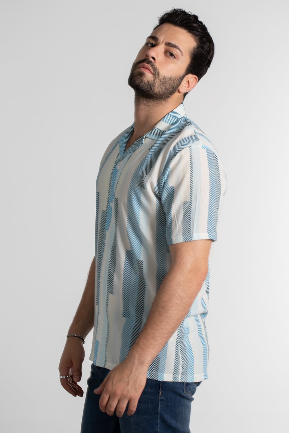 Zigzag desen apaş yaka gömlek-8012 İndigo