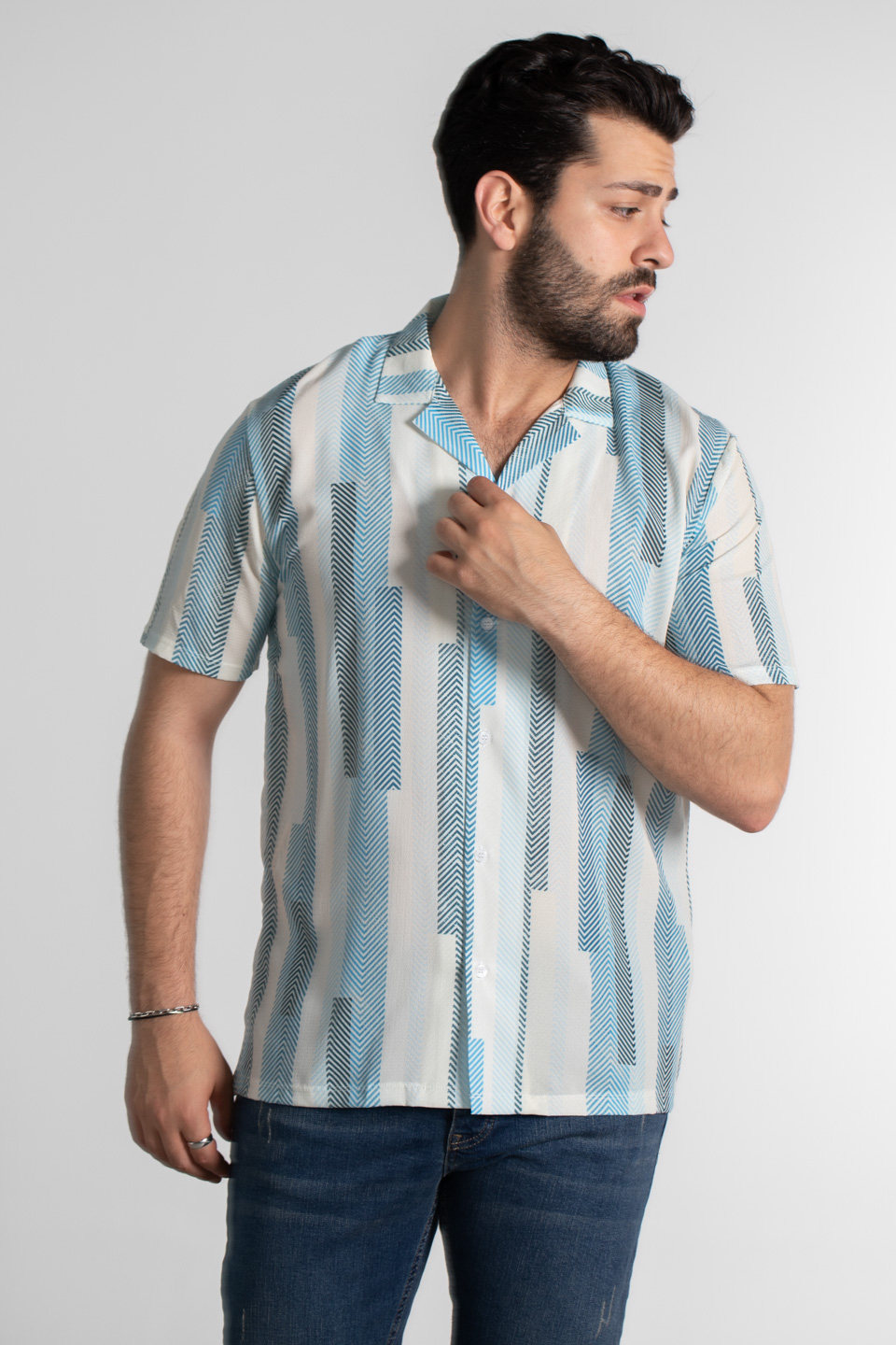 Zigzag desen apaş yaka gömlek-8012 İndigo