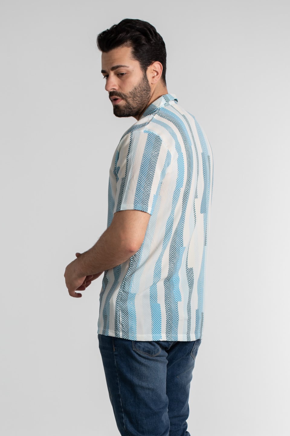 Zigzag desen apaş yaka gömlek-8012 İndigo