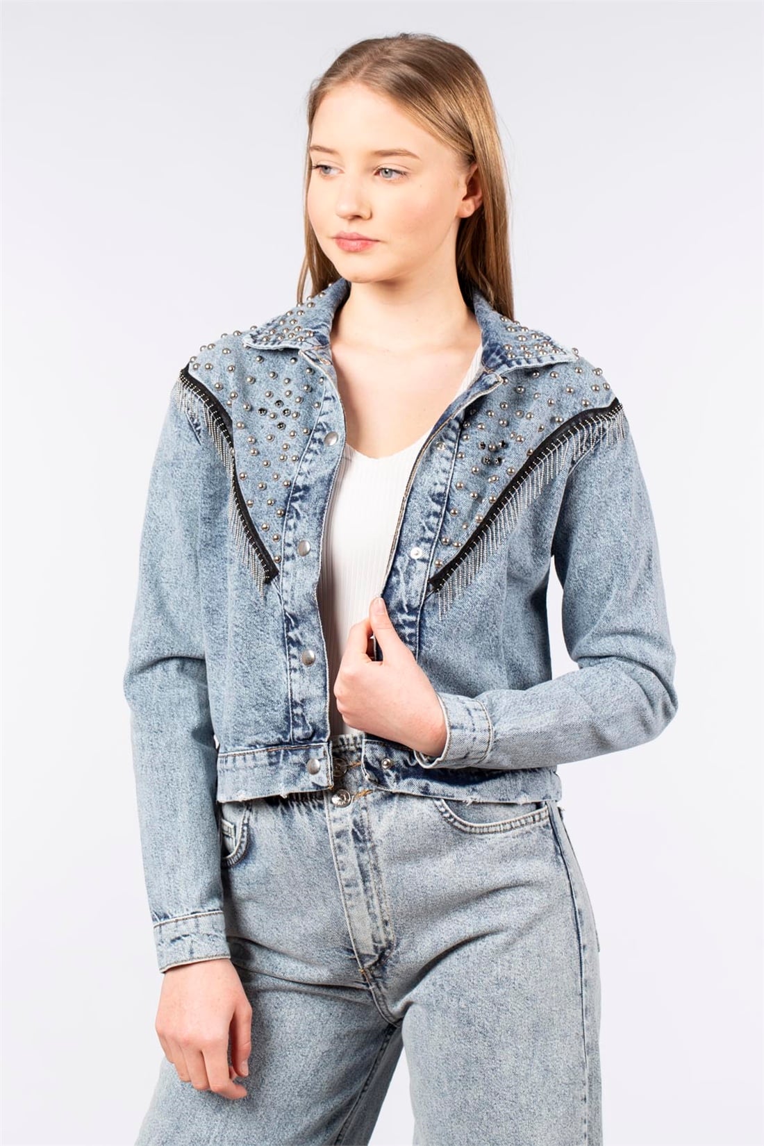 Zımbalı Denim Ceket-5384 Mavi