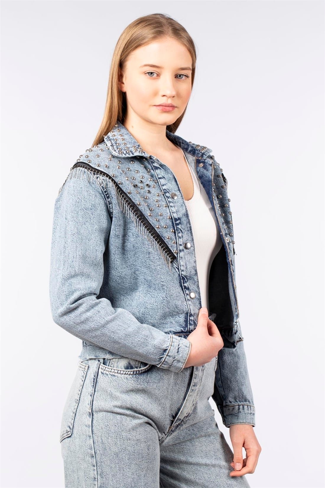 Zımbalı Denim Ceket-5384 Mavi