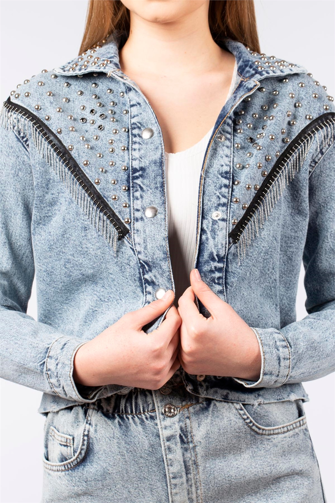 Zımbalı Denim Ceket-5384 Mavi