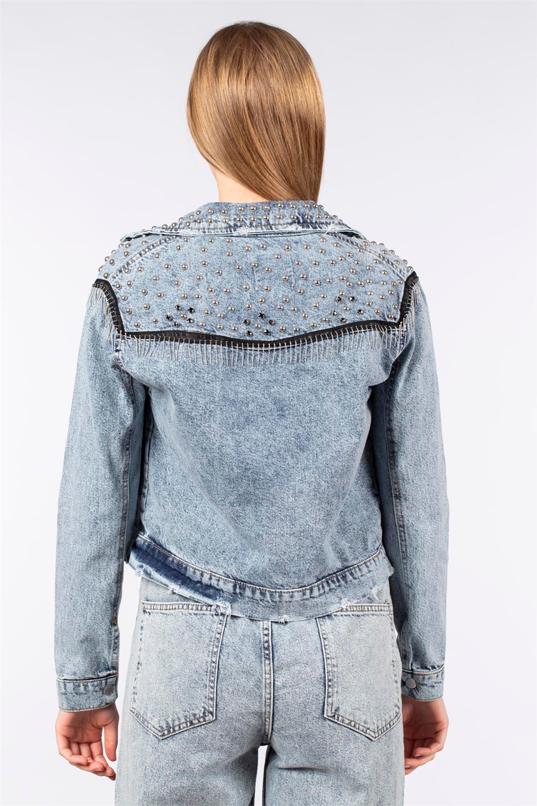 Zımbalı Denim Ceket-5384 Mavi