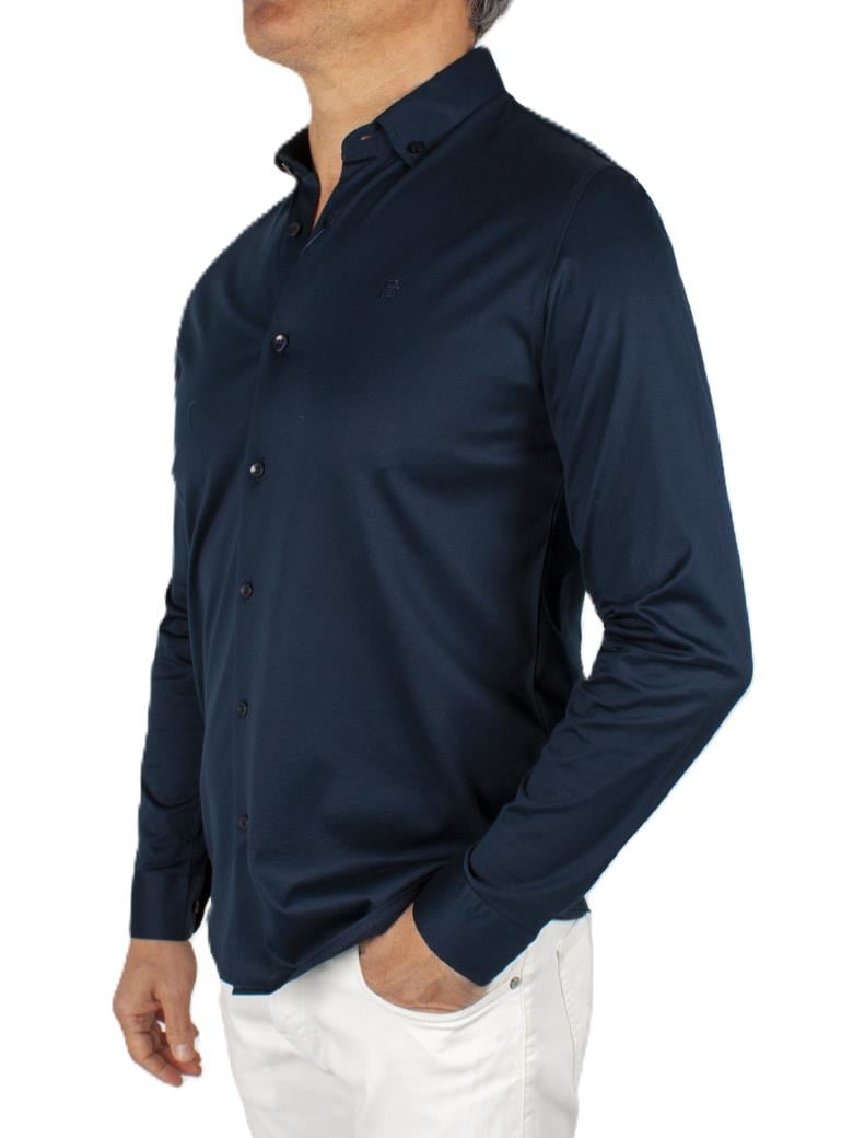 Düğmeli Yaka Normal Kesim Koyu Lacivert Merserize Gömlek