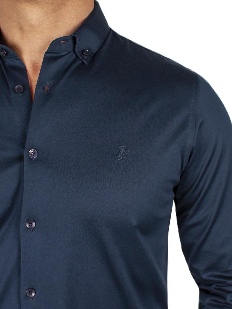 Düğmeli Yaka Normal Kesim Koyu Lacivert Merserize Gömlek