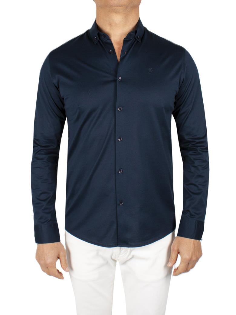 Düğmeli Yaka Normal Kesim Koyu Lacivert Merserize Gömlek