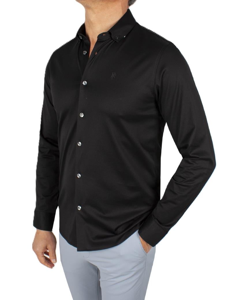 Düğmeli Yaka Normal Kesim Siyah Merserize Gömlek