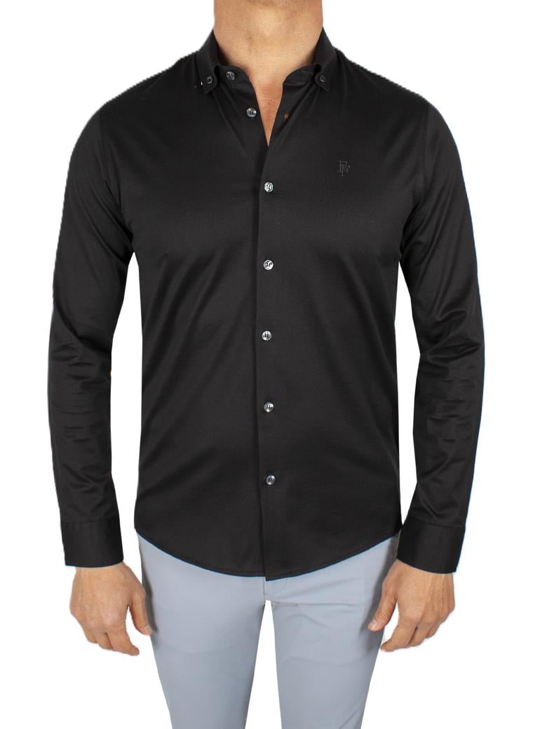 Düğmeli Yaka Normal Kesim Siyah Merserize Gömlek
