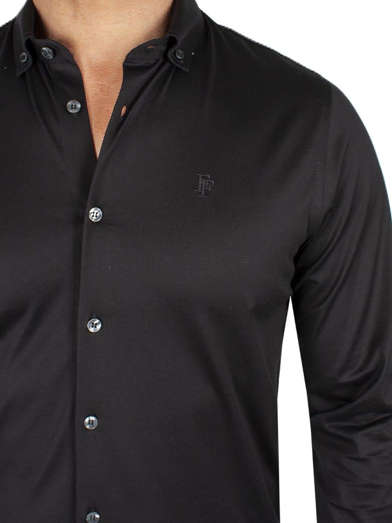 Düğmeli Yaka Normal Kesim Siyah Merserize Gömlek