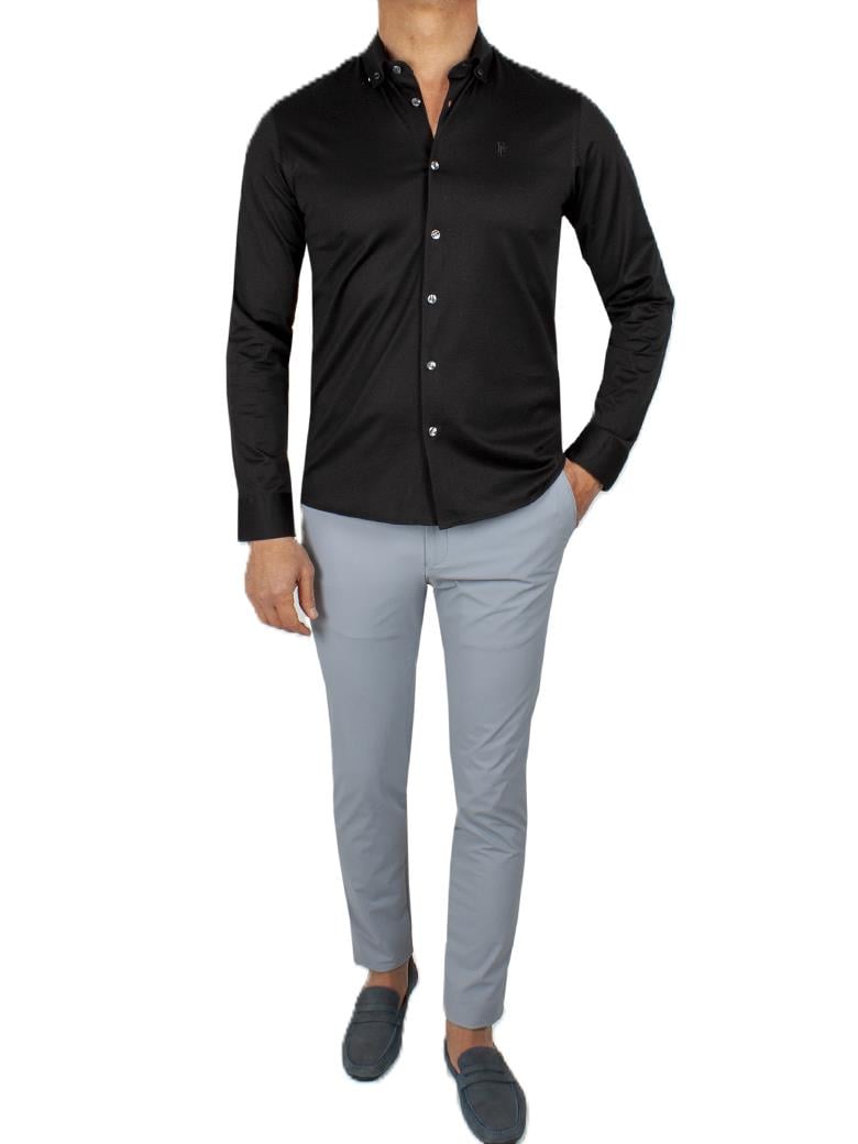Düğmeli Yaka Normal Kesim Siyah Merserize Gömlek