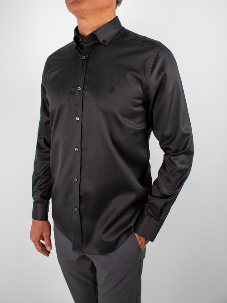 Düğmeli Yaka Pamuklu Regular Fit Normal Kesim Siyah Gömlek