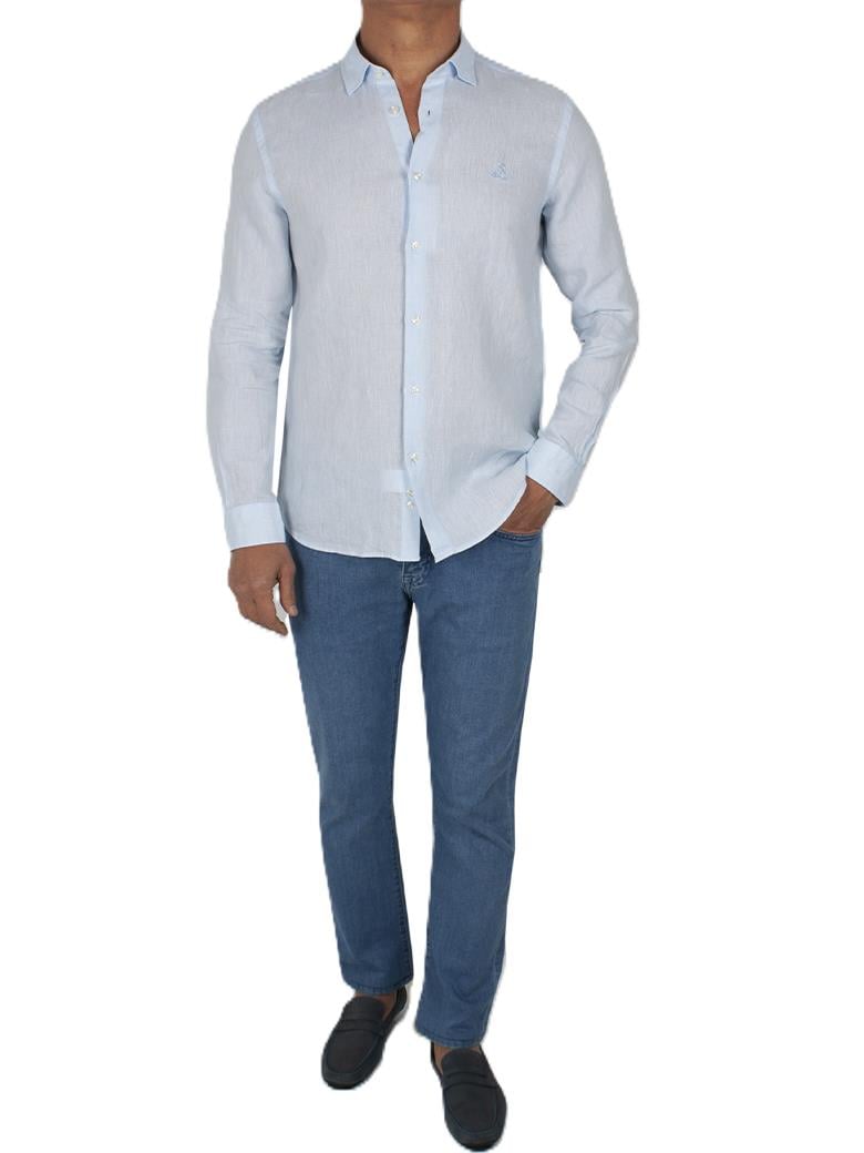 Normal Kesim Mavi Keten Gömlek