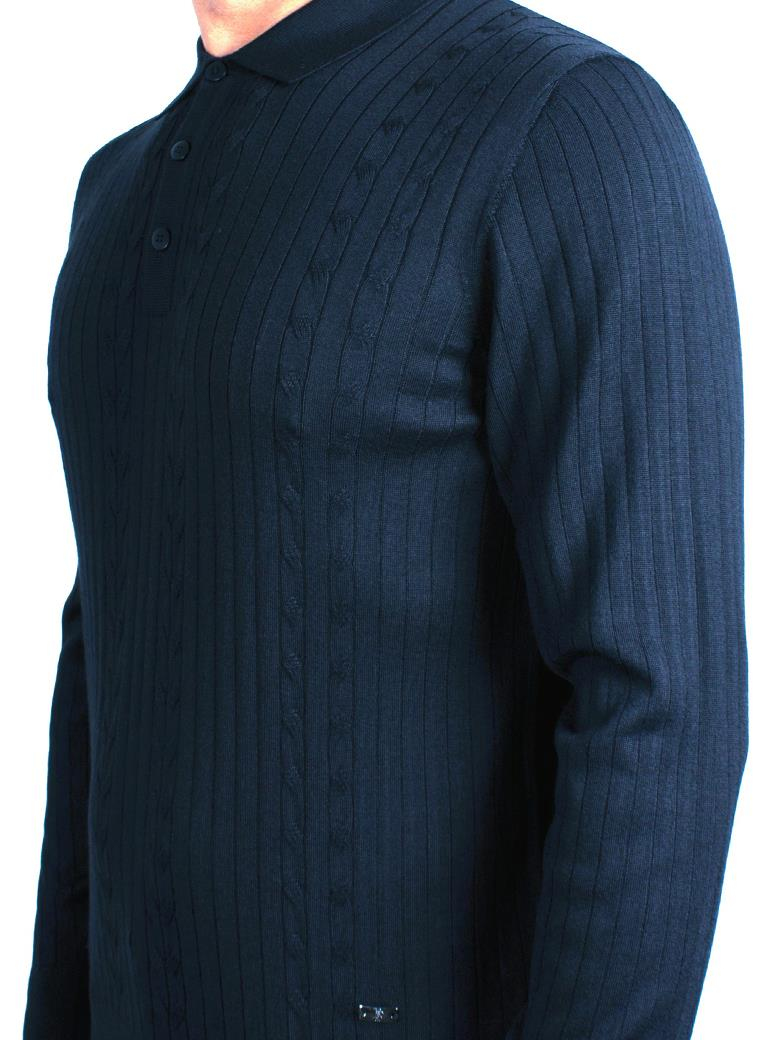 Polo Yaka Desenli Lacivert Yün Kazak