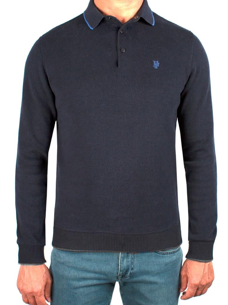 Polo Yaka Lacivert Pamuk Sweatshirt