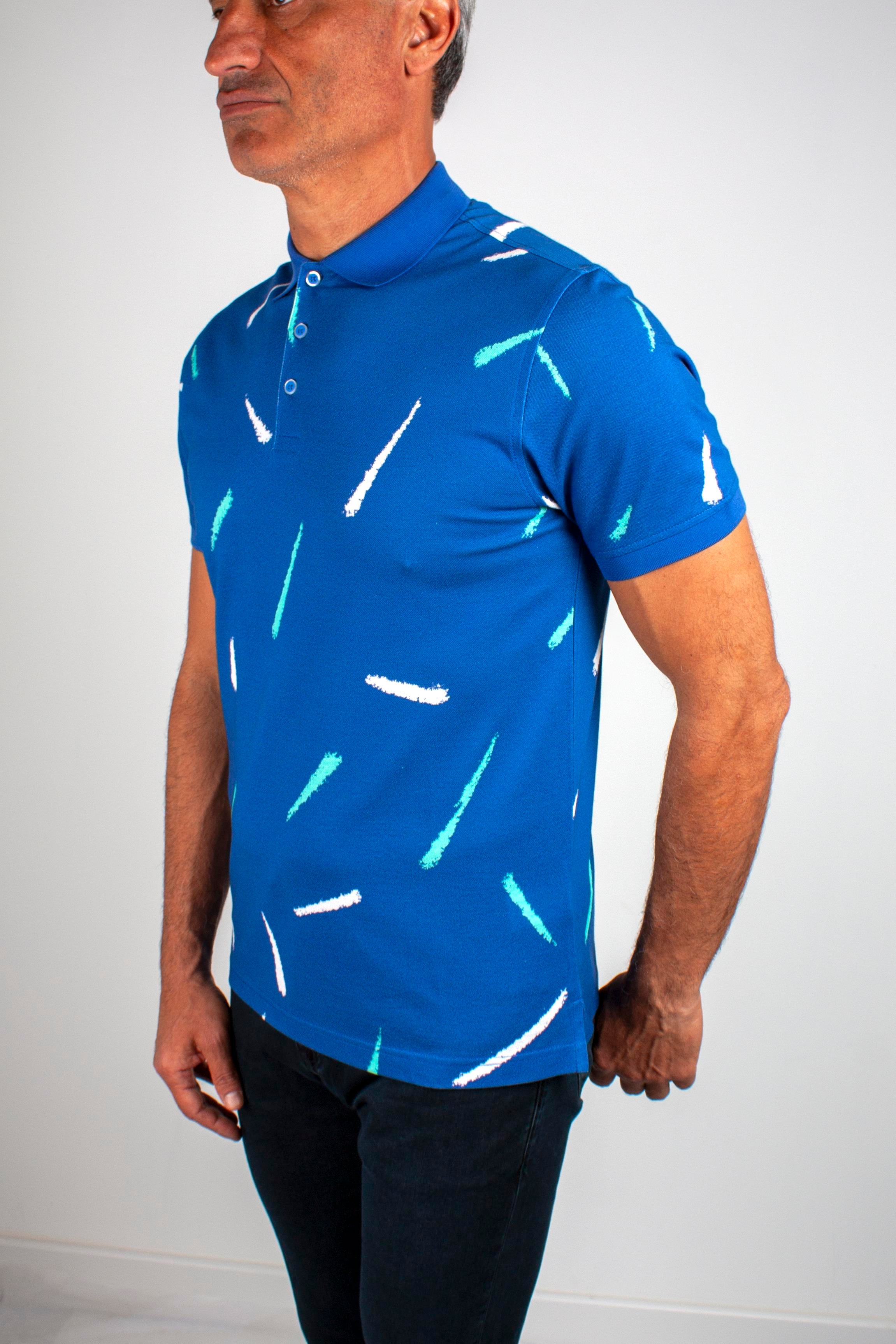 Regular Fit Baskılı Merserize %100 Pamuk Saks Polo Yaka Tişört