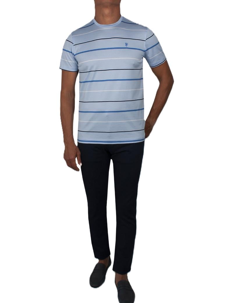 Regular Fit Çizgi Desenli Merserize %100 Pamuk Açık Mavi Bisiklet Yaka Tişört