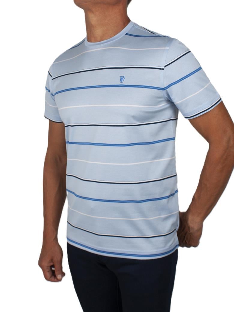 Regular Fit Çizgi Desenli Merserize %100 Pamuk Açık Mavi Bisiklet Yaka Tişört