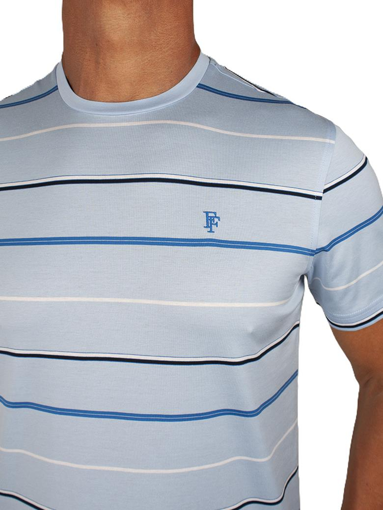 Regular Fit Çizgi Desenli Merserize %100 Pamuk Açık Mavi Bisiklet Yaka Tişört