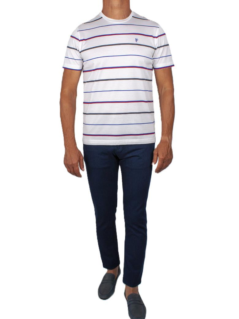 Regular Fit Çizgi Desenli Merserize %100 Pamuk Beyaz Bisiklet Yaka Tişört