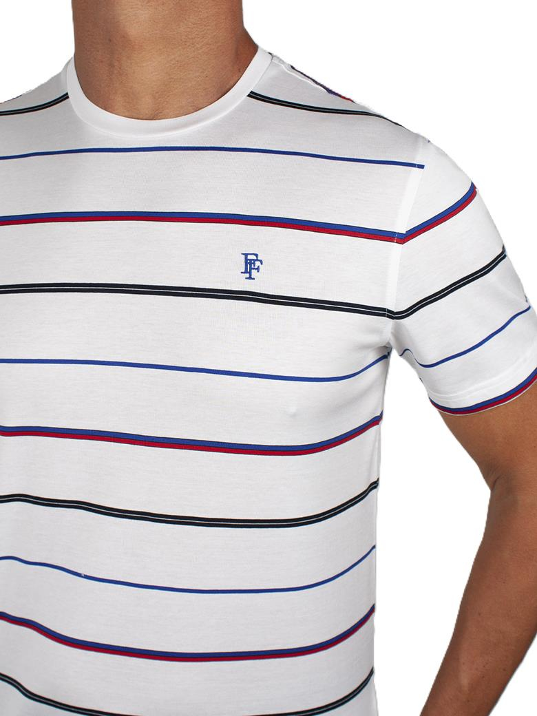 Regular Fit Çizgi Desenli Merserize %100 Pamuk Beyaz Bisiklet Yaka Tişört