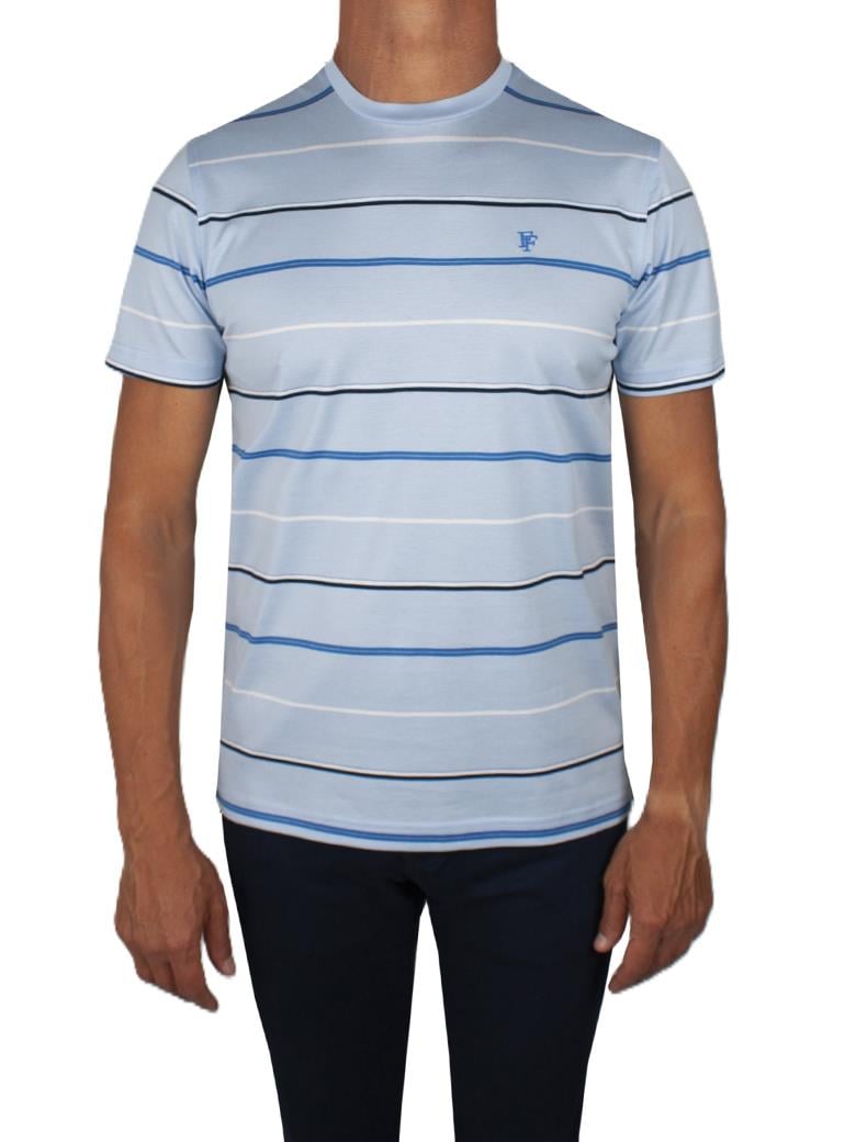 Regular Fit Çizgi Desenli Merserize %100 Pamuk Açık Mavi Bisiklet Yaka Tişört