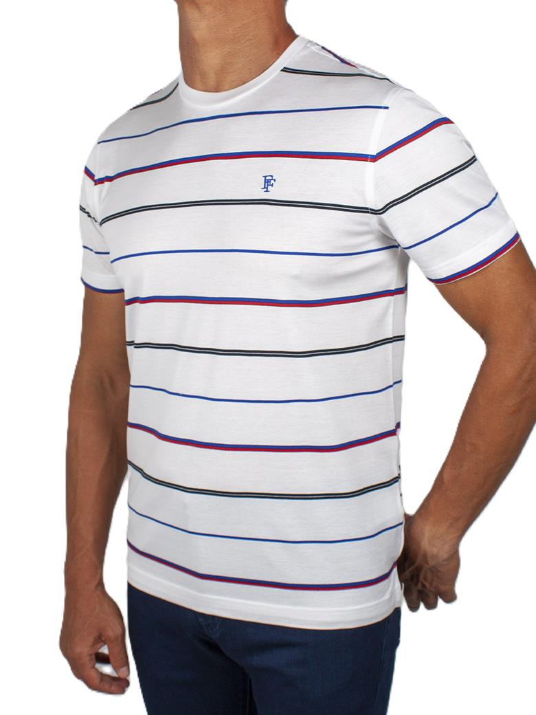 Regular Fit Çizgi Desenli Merserize %100 Pamuk Beyaz Bisiklet Yaka Tişört