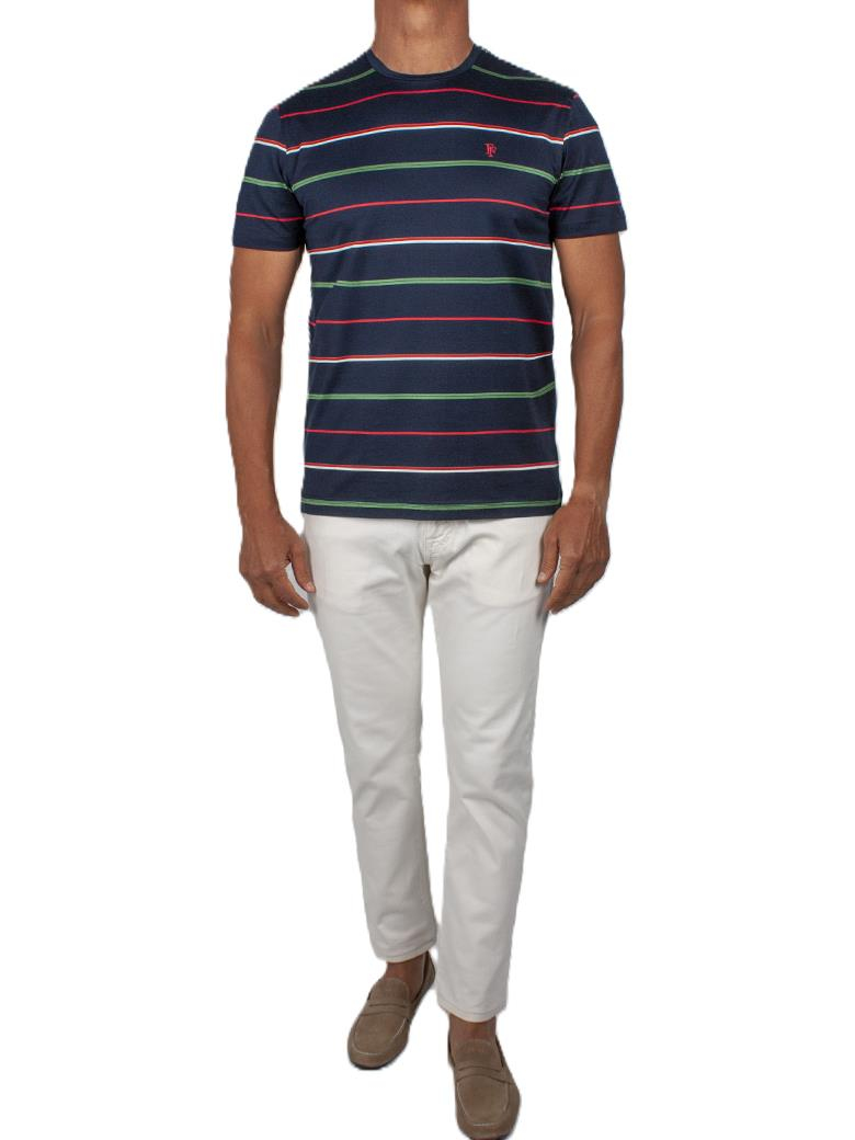 Regular Fit Çizgi Desenli Merserize %100 Pamuk Koyu Lacivert Bisiklet Yaka Tişört