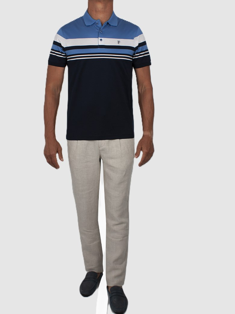 Regular Fit Çizgi Detaylı Merserize %100 Pamuk Koyu Lacivert Polo Tişört