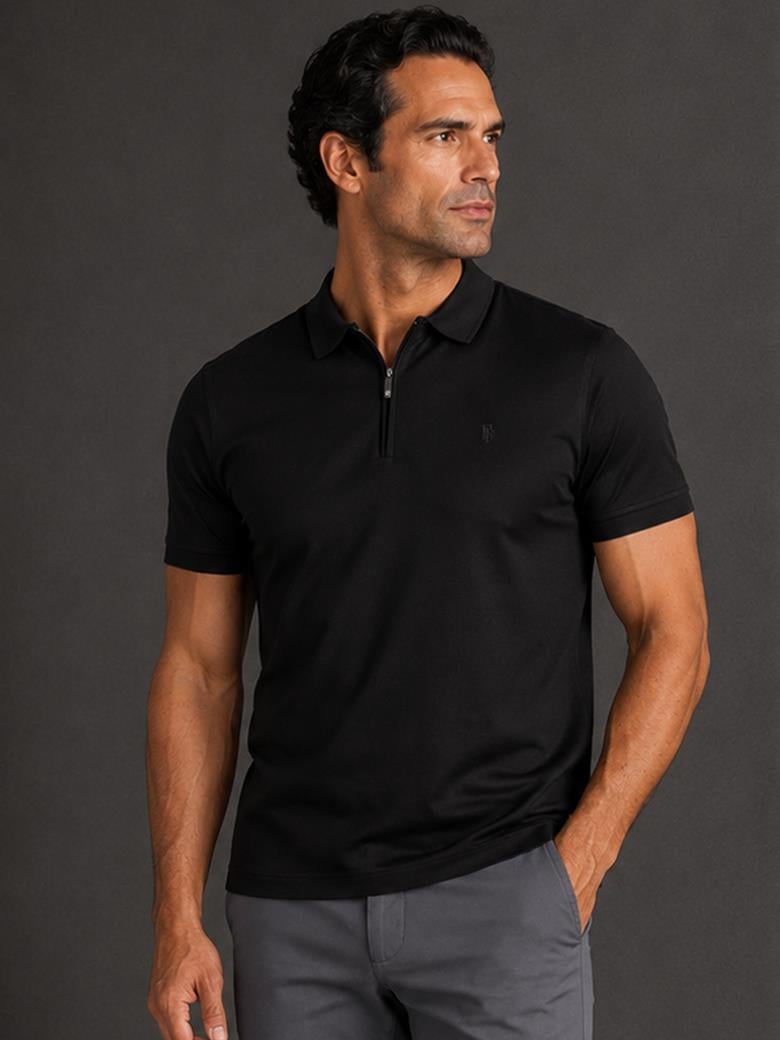 Regular Fit Zip-Up Mercerized 100% Cotton Black Polo T-Shirt