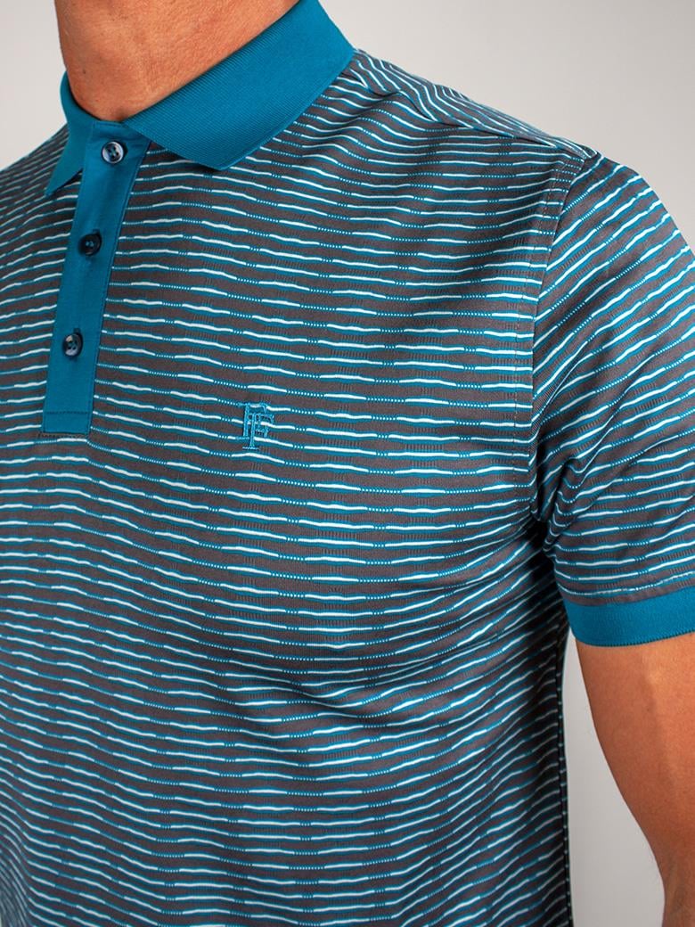 Regular Fit Merserize %100 Pamuk Desenli Turkuaz Polo Yaka Tişört