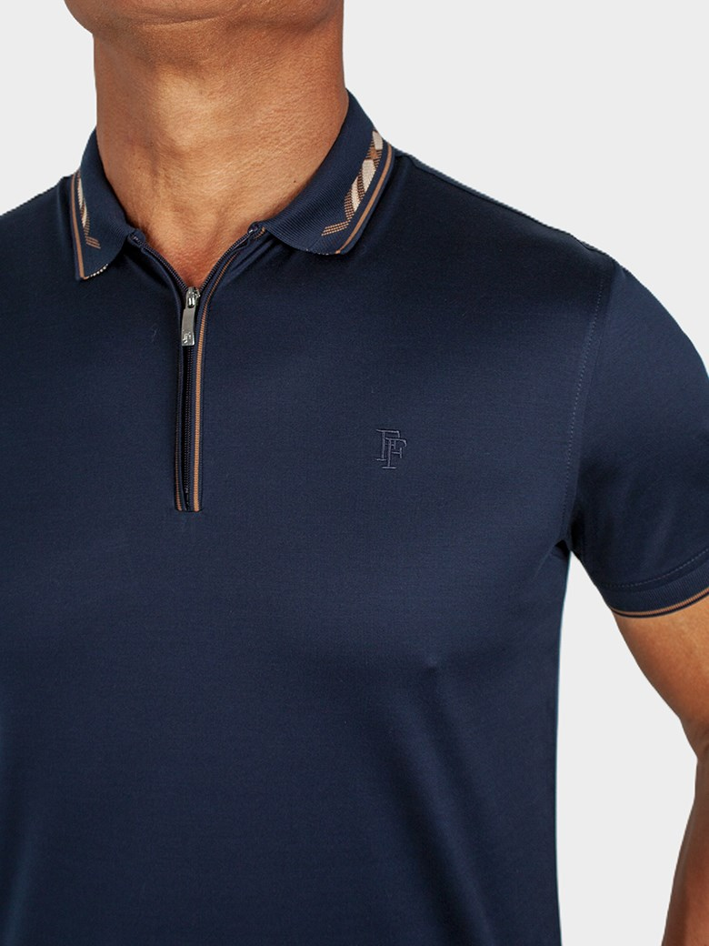 Regular Fit Yaka Detaylı Fermuarlı Merserize %100 Pamuk Koyu Lacivert Polo Tişört