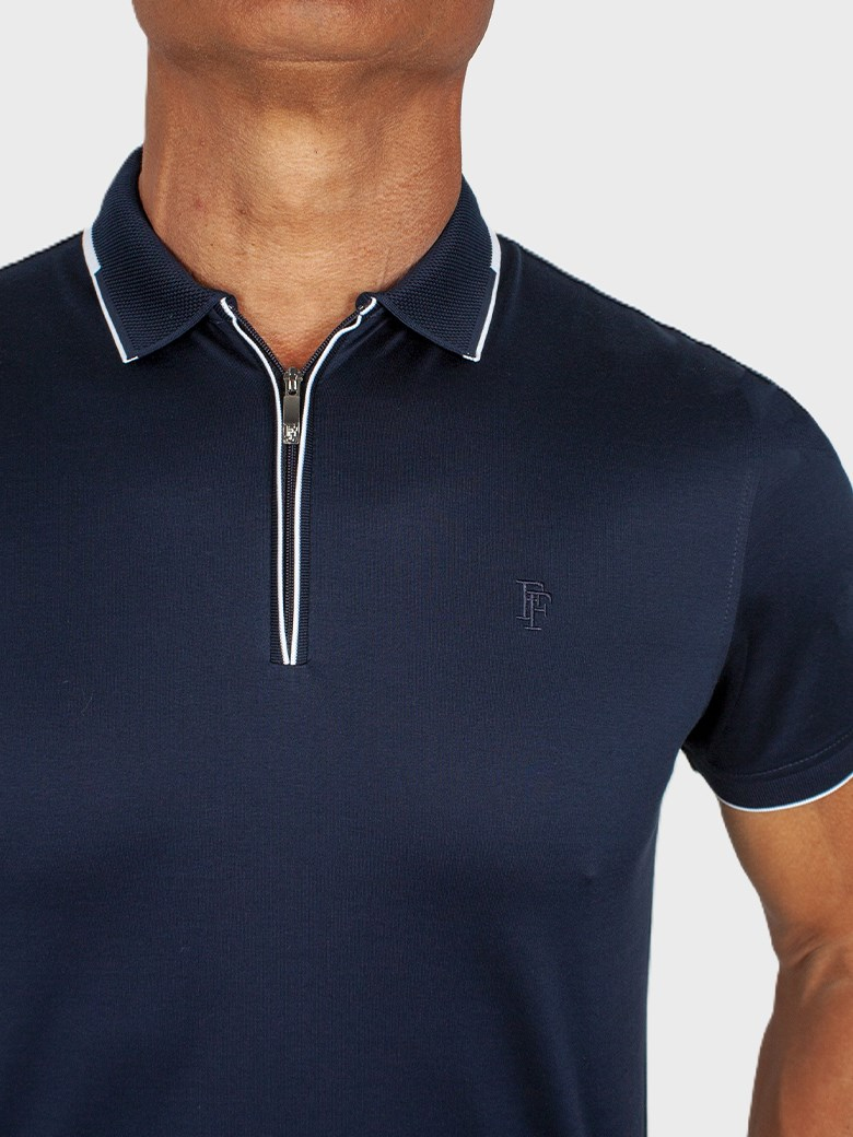 Regular Fit Yaka Detaylı Fermuarlı Merserize %100 Pamuk Koyu Lacivert Polo Tişört