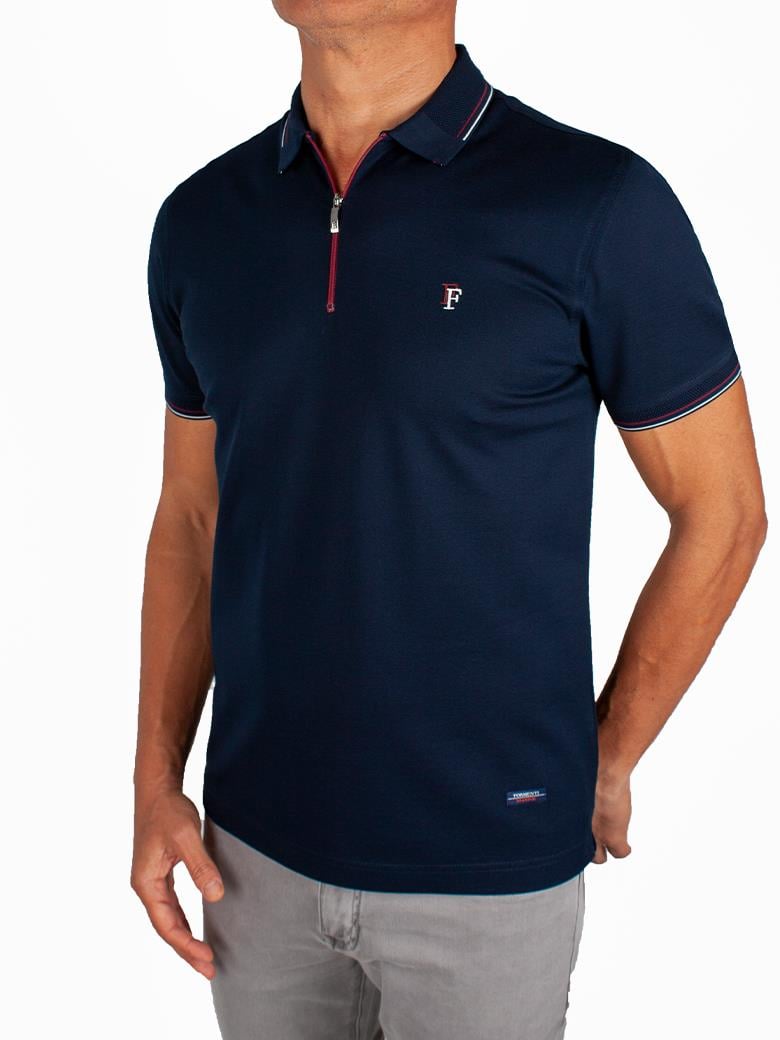Regular Fit Yaka Detaylı Fermuarlı Merserize %100 Pamuk Koyu Lacivert Polo Tişört