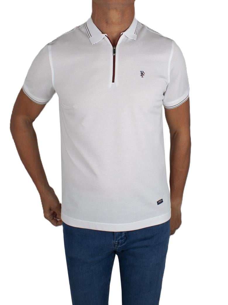 Regular Fit Yaka Detaylı Fermuarlı Merserize %100 Pamuk Beyaz Polo Tişört