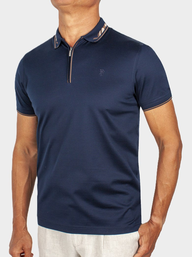 Regular Fit Yaka Detaylı Fermuarlı Merserize %100 Pamuk Koyu Lacivert Polo Tişört