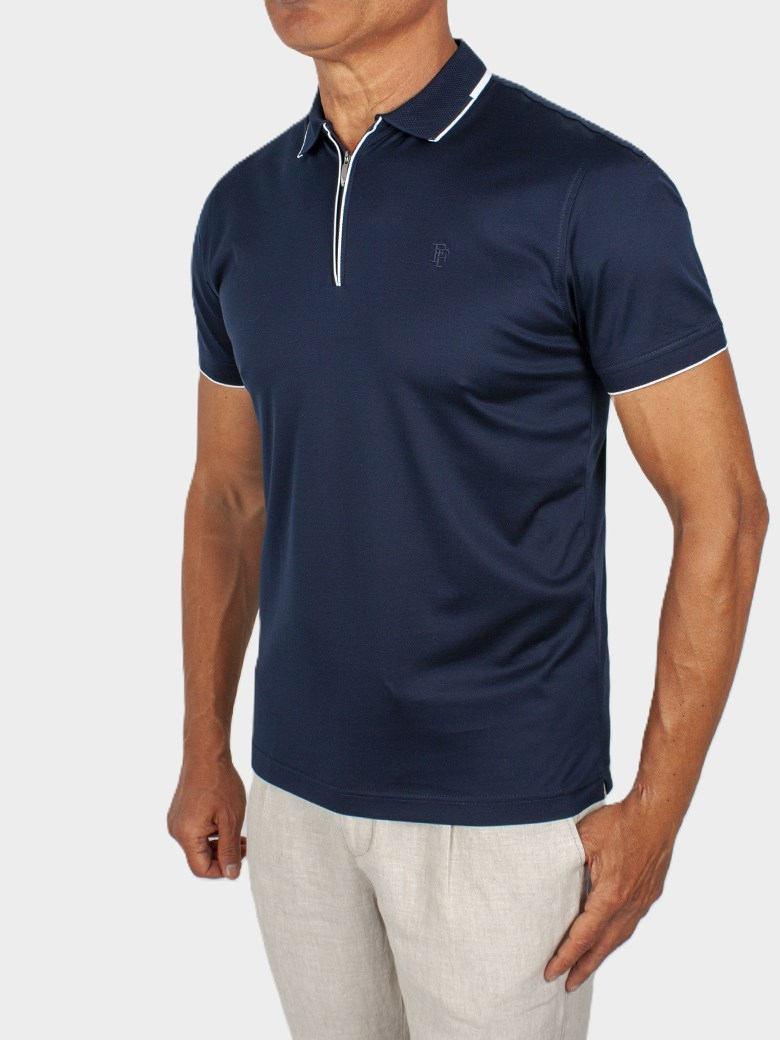 Regular Fit Yaka Detaylı Fermuarlı Merserize %100 Pamuk Koyu Lacivert Polo Tişört