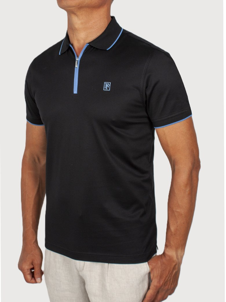 Regular Fit Yaka Detaylı Fermuarlı Merserize Siyah Polo Tişört