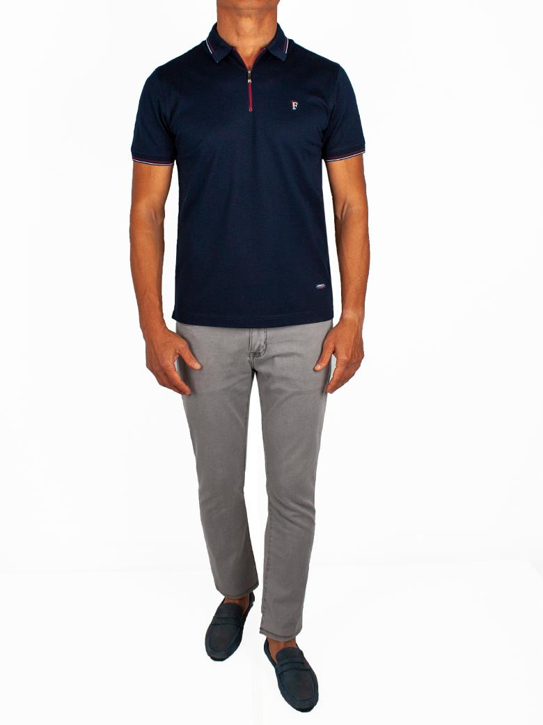 Regular Fit Yaka Detaylı Fermuarlı Merserize %100 Pamuk Koyu Lacivert Polo Tişört