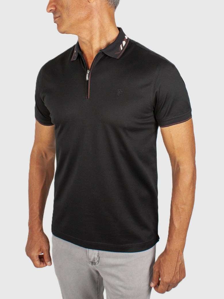 Regular Fit Yaka Detaylı Fermuarlı Merserize %100 Pamuk Siyah Polo Tişört