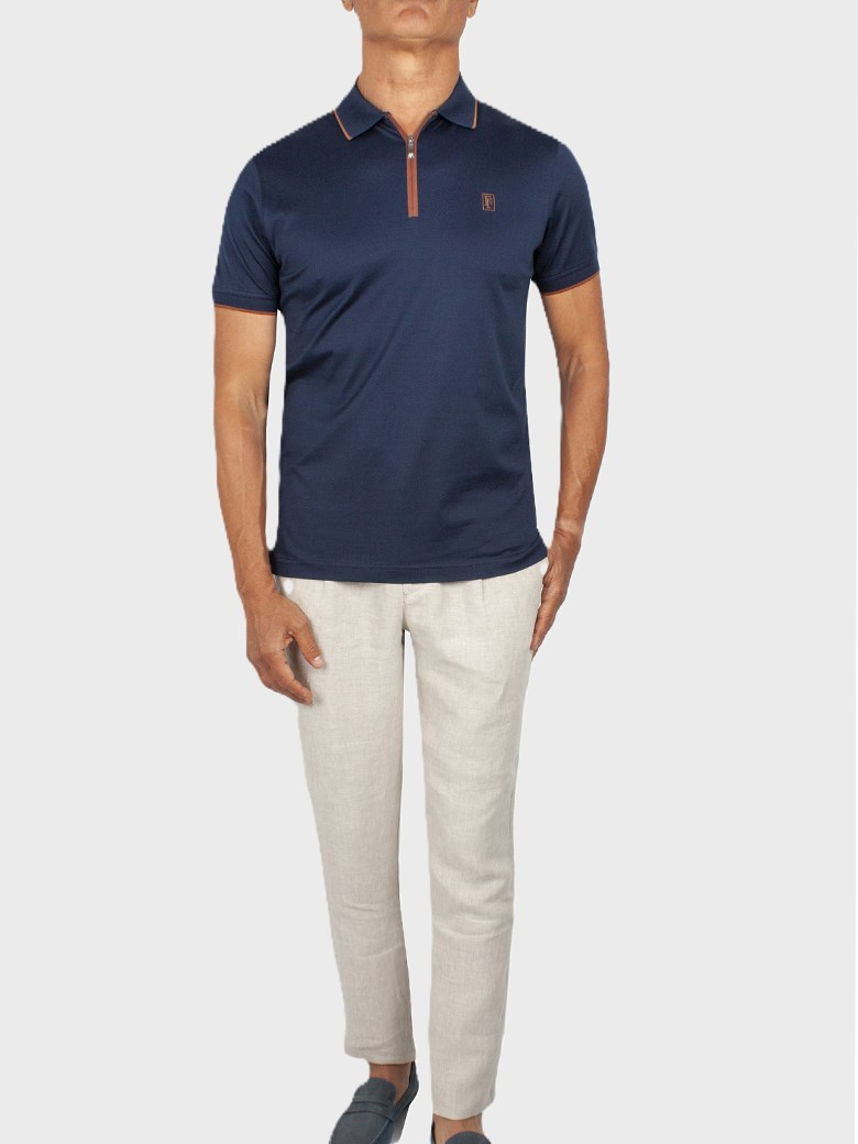 Regular Fit Yaka Detaylı Fermuarlı Merserize Koyu Lacivert Polo Tişört