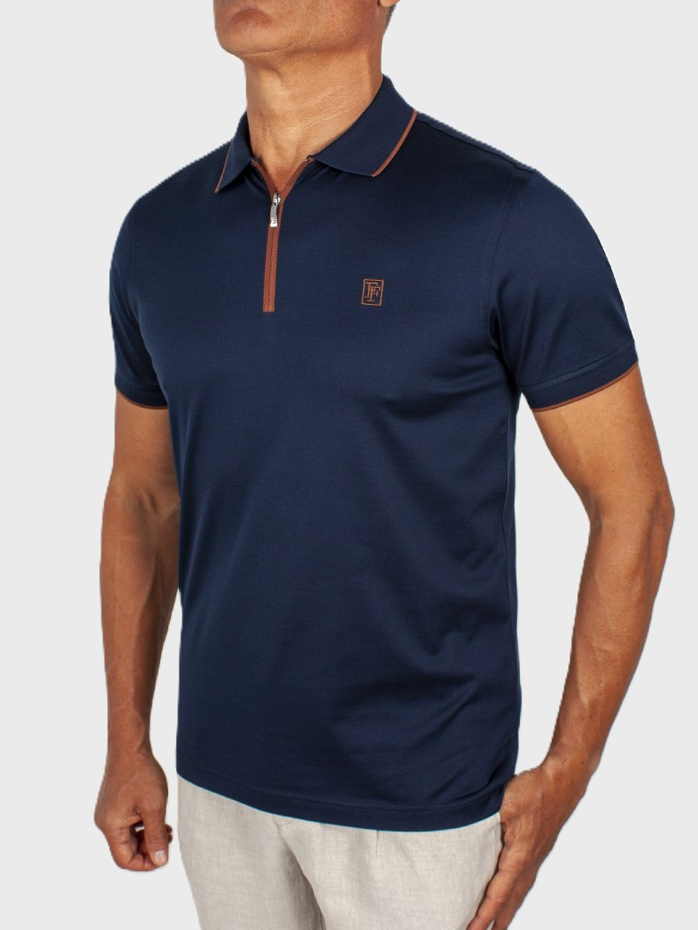 Regular Fit Yaka Detaylı Fermuarlı Merserize Koyu Lacivert Polo Tişört